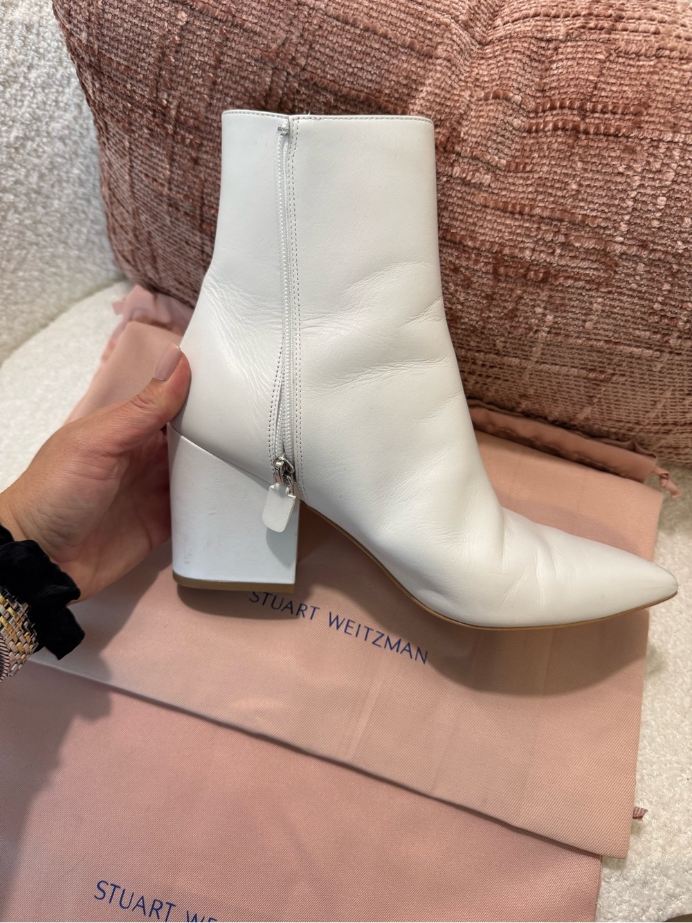 Stuart Weitzman White Leather Pointed Ankle Boot